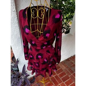 Love Fire Burgundy Pink Abstract Leopard Print Tiered Ruffle Mini Dress Small